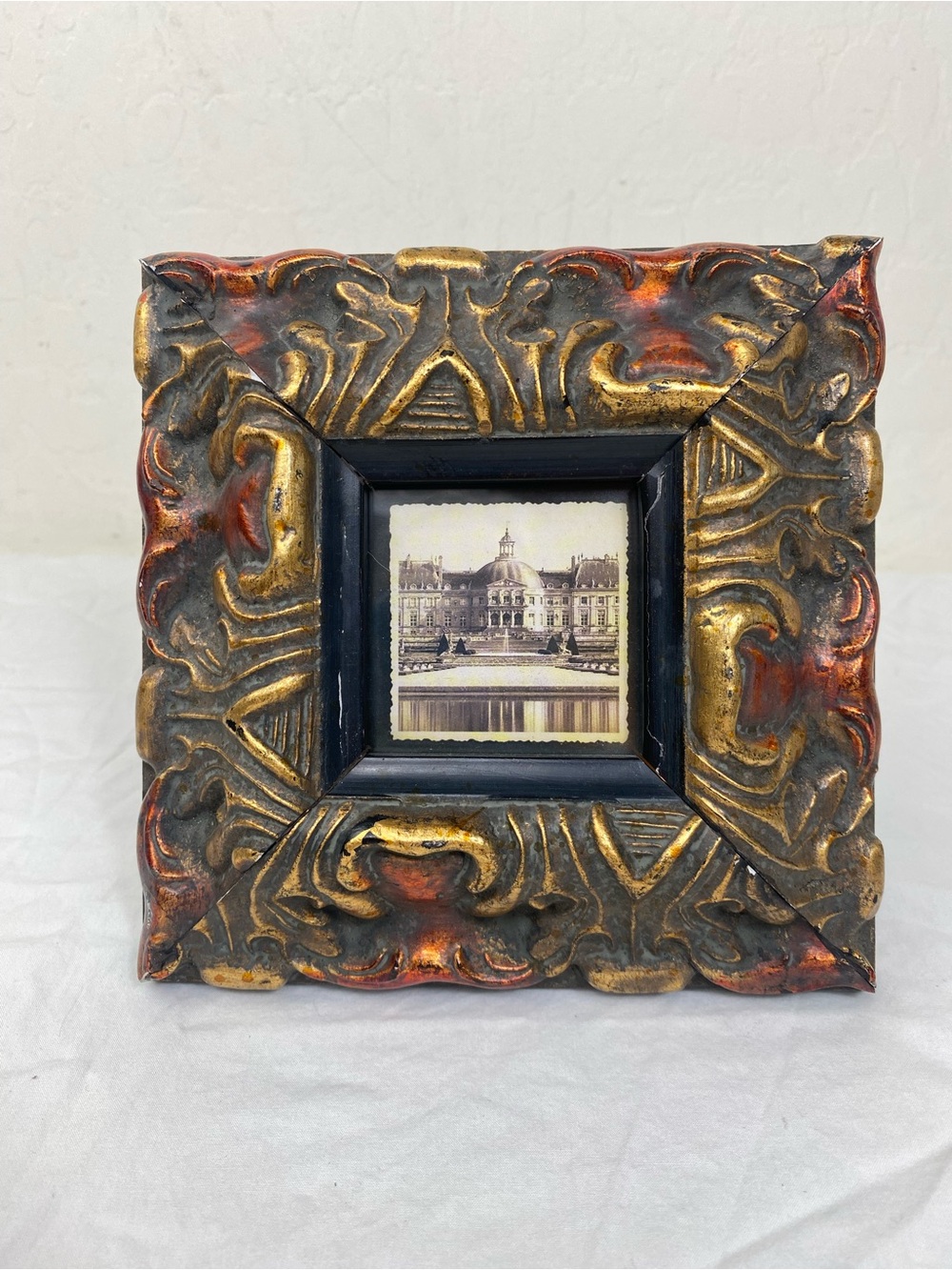VTG Mini French Chateau Vaud le Vicomte Print Gilt Frame Heavy Tabletop or Wall